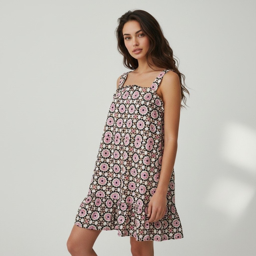 Kate Spade New York Pink Geometric Floral Ruffle Mini Dress Womens Size 8
